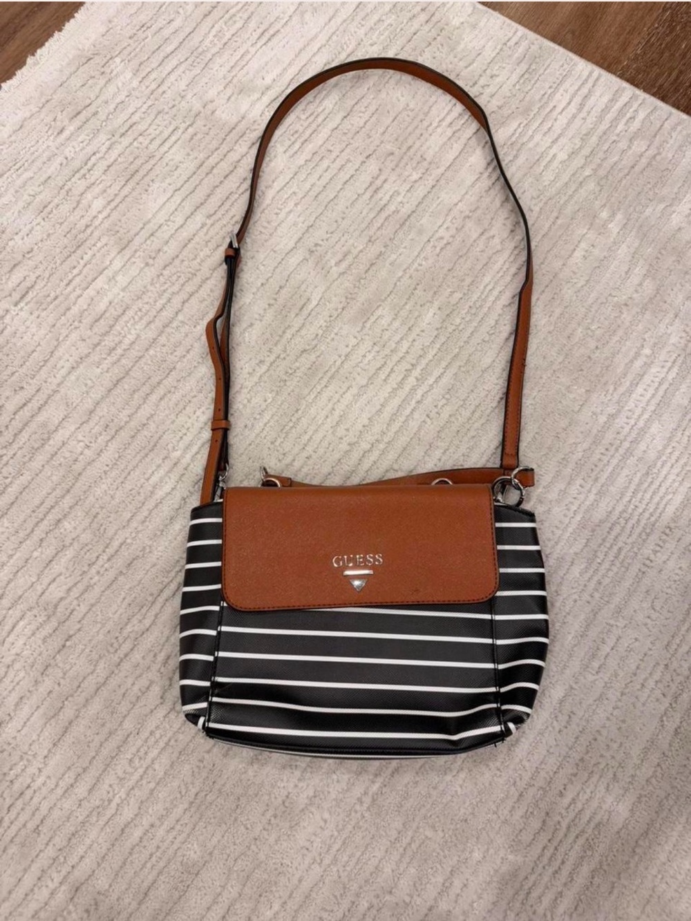 GUESS Black & Tan Striped Flap Crossbody Bag